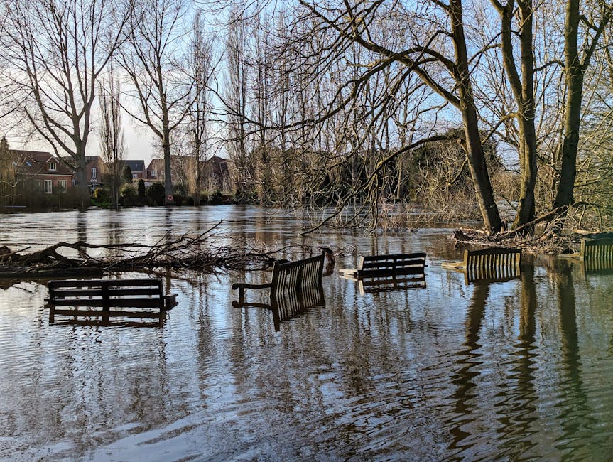 Flooded outdoor area featuring several wooden benches partially submerged in water amidst a landscape of leafless trees and bushes. The water level has risen significantly, covering the ground and extending up to the seating surfaces, with reflections of the trees visible on the water's surface. In the background, residential houses with pitched roofs are visible beyond the flooded area, under a partly cloudy sky. This scene illustrates the impact of excessive flooding in Raynes Park (SW20), Merton, highlighting the need for professional flood cleanup and surface sanitisation services offered by Deep Cleaning Merton, specializing in domestic and commercial deep cleaning solutions for flood-affected properties.
